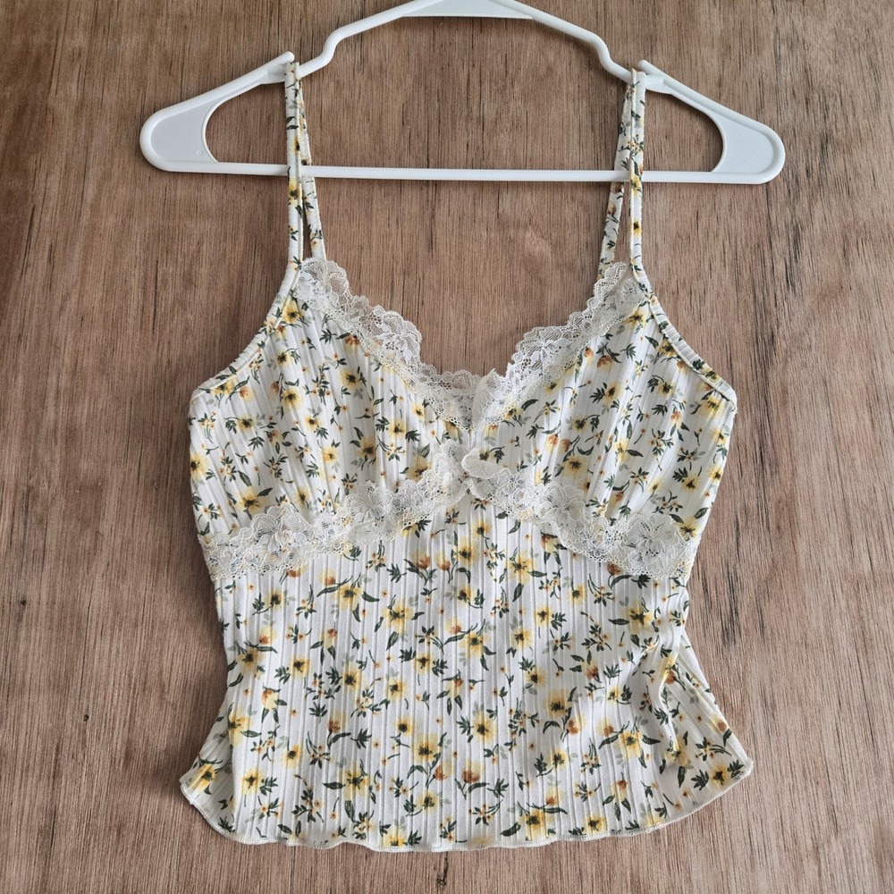Floral Lace Trim Cami Top Small White Yellow Daisy Print Ribbed Tank Soft Girl